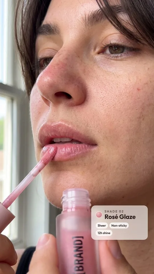 AI-generated lip gloss ad with a product shade card